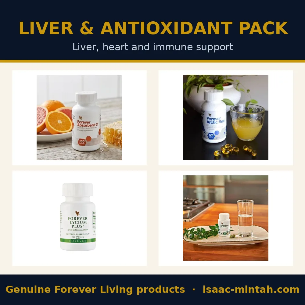 Liver and Antioxidant Support Pack | Forever Absorbent-C, Arctic Sea, Lycium Plus and Fields of Greens in Ghana